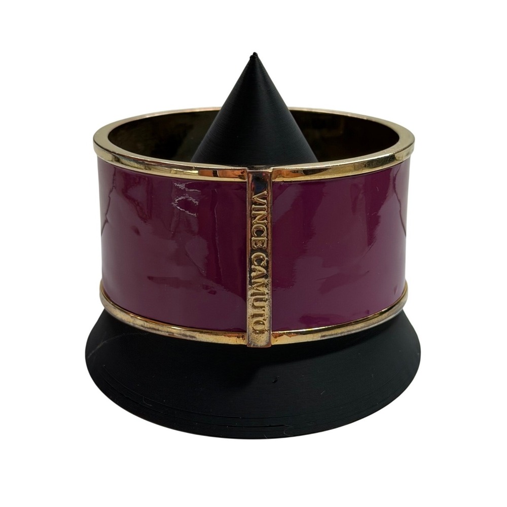 Vince Camuto Purple Enamel Gold Tone Wide Bangle Cuff Bracelet Logo Bar